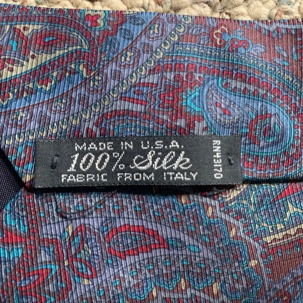 Vintage  Tie Burgundy Blue Retro‎ Paisley Print Silk Heritage Preppy Old Money